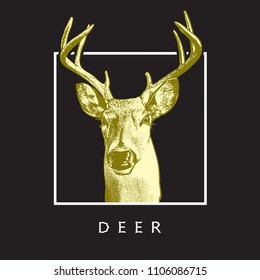 Deer head - yellow drawing isolated on black background.
Vector illustration of stags deer head in vintage style, graphic engraving design element for logo, pattern portrait of cute animal. 