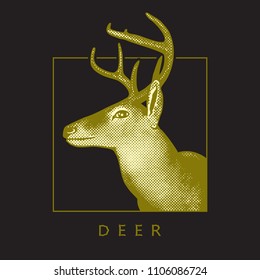 Deer head - yellow drawing isolated on black background.
Vector illustration of stags deer head in vintage style, graphic engraving design element for logo, pattern portrait of cute animal. 