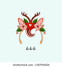 Deer headband with fringe, antlers, flower. Vector illustration. Christmas Deer headband for Christmas party, invitation, birthday, greetings, baby shop, t-shirt design.