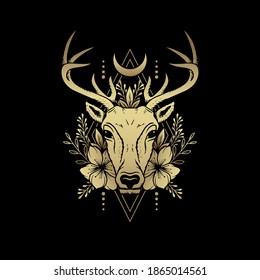 Deer heads with horns, moon and planted ornaments. Luxury illustration. a symbol of mystical magic