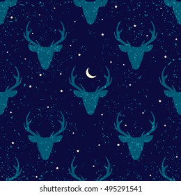 Deer heads seamless pattern. Beautiful night sky background