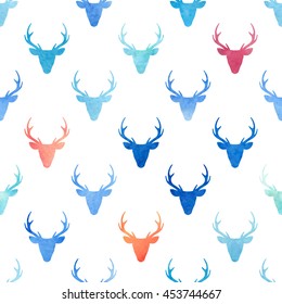 Deer heads seamless pattern. Watercolor texture vector background