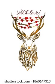 Deer with hearts on the horns. Happy Valentine's Day. With love. Vector illustration