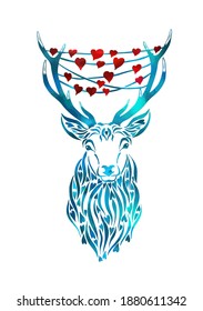 Deer with hearts on the horns. Happy Valentine's Day. With love. Vector illustration