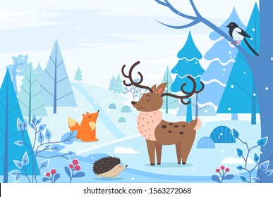 Deer and hedgehog, fox and bullfinch sitting on branch in winter forest. Landscape of woodlands with trees and bushes with berries. Reindeer at field with animals. Wintertime print vector in flat