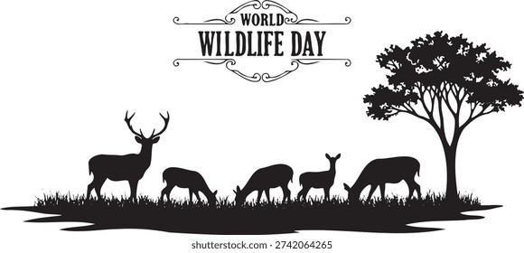 Deer herd grazing peacefully in nature celebrating World Wildlife Day illustration