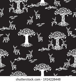Deer Herd in the Night Forest Vector Illustration Seamless Pattern can be use for background and apparel design