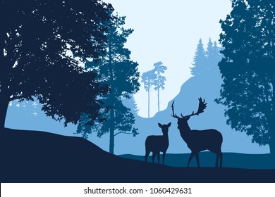 Deer and hind standing among trees in landscape with hill under blue sky - vector