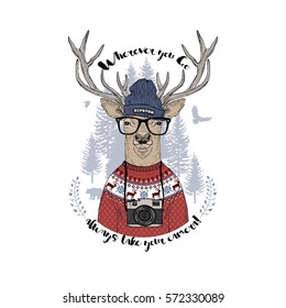 deer hipster with camera, anthropomorphic illustration