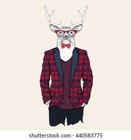 Deer hipster dressed up in jacket, pants and sweater. Vector illustration