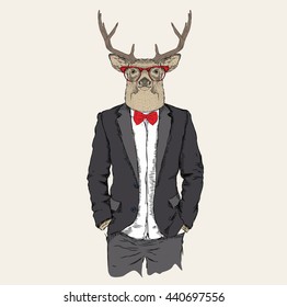 Deer hipster dressed up in jacket, pants and sweater. Vector illustration