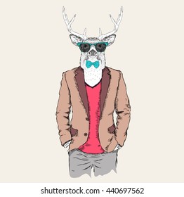 Deer hipster dressed up in jacket, pants and sweater. Vector illustration