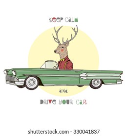 deer hipster driving vintage car, kid illustration, textile design