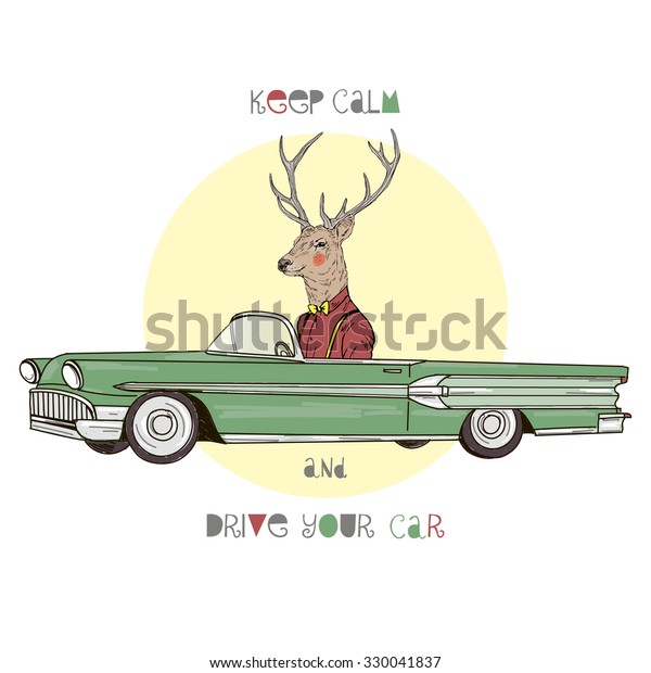 deer hipster driving vintage car, kid\
illustration, textile\
design