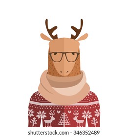Deer Hipster in flat style. Holiday card design.
