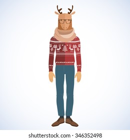 Deer Hipster in flat style. Holiday card design.