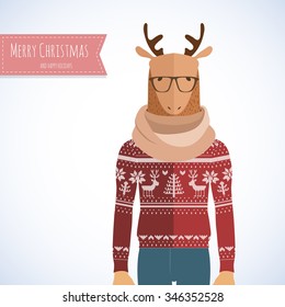 Deer Hipster in flat style. Holiday card design.