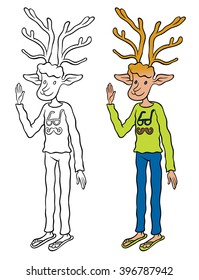 Deer hipster in jeans and sweater waving affably