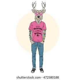 deer hipster with tattoo dressed up in cool t-shirt, furry art illustration, fashion animals