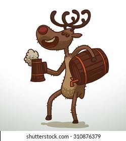 Deer holding mug with a beer and barrel, vector