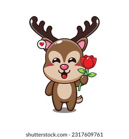 deer holding rose flower cartoon vector illustration.