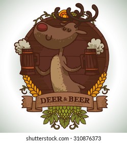 Deer holding two mugs of beer, emblem, vector