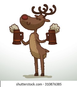 Deer holding two mugs of beer, vector