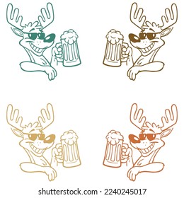 Deer Holds Mug Of Beer On His Hands Vector Illustration. Oktoberfest. Beerhouse Logo Template. Deer Cartoon Character
