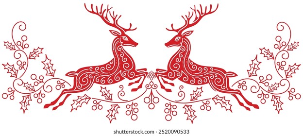 deer and holly berryline art ornament style dividers borders vector eps