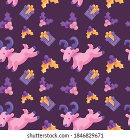 Deer, holly, gift box on violet backdrop. Christmas seamless pattern for wallpaper, wrap paper, sleeper, bath tile, apparel or bed linen. Phone case or cloth print Flat style stock vector illustration