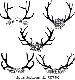 Deer horn with flowers black silhouette set, Deer antlers, SVG Vector