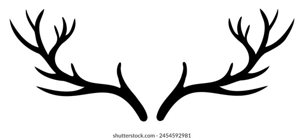 Deer Horn vector illustration. Silhouette of reindeer Antler painted by black inks. Drawing of dry bare branch. Etching of buck stag part of skull. Engraving of leafless bough for icon or logo.