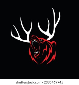 Hirnbär, Vektorgrafik-Vintage-Stil, Außenlogo, Hirschantler, Bär, Vintage, tapfer, wütend, Jäger, Grizzi