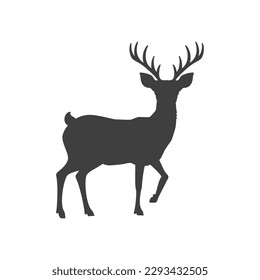 Deer horned black silhouette elegant reindeer monochrome vintage icon design vector illustration. Antelope buck wild mammal animal hunting camping nature hiking forest travel explore minimalist logo
