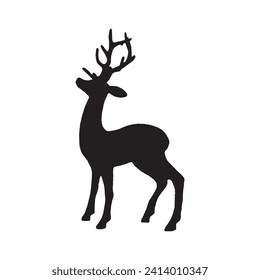 deer with horns, black silhouette of a standing deer hand drawn illustration on a white background .Vector illustration.
