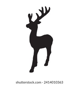 deer with horns, black silhouette of a standing deer hand drawn illustration on a white background .Vector illustration.