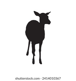 deer with horns, black silhouette of a standing deer hand drawn illustration on a white background .Vector illustration.