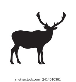 deer with horns, black silhouette of a standing deer hand drawn illustration on a white background .Vector illustration.