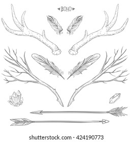 Deer horns, branches and feathers on white background. Vector illustration