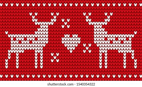 Deer with horns embroidery on red background vector. Moose or stag with hearts and stars or glowing snowflakes. Decoration of clothes and knitwear. Print for Christmas celebration flat style