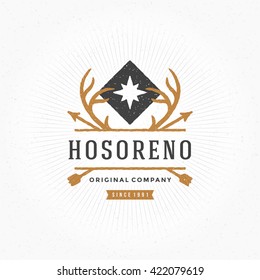 Deer Horns Hand Drawn Design Element in Vintage Style for Logo or Label Hunting club Retro vector illustration Star Silhouette.