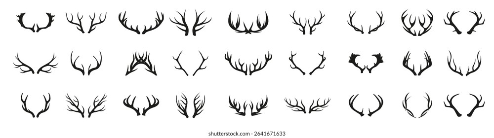 Deer horns icon set. Animal horn silhouette. Deer horn logo for wildlife, hunting. Horn shapes collection