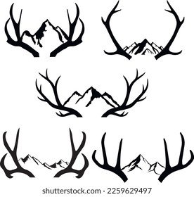 Deer horns and mountain silhouette set, SVG Vector