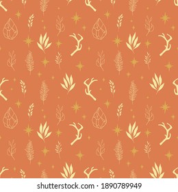 Deer horns, plants and crystals. Magic boho stylized seamless pattern design. 