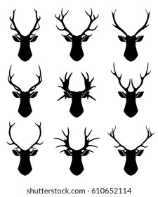 Deer horns, reindeer heads vector silhouettes set. Animal deer black silhouette, illustration of wild deer.