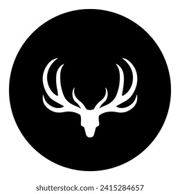 A deer horns symbol in the center. Isolated white symbol in black circle. Vector illustration on white background