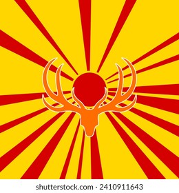 Deer horns symbol on a background of red flash explosion radial lines. The large orange symbol is located in the center of the sun, symbolizing the sunrise. Vector illustration on yellow background