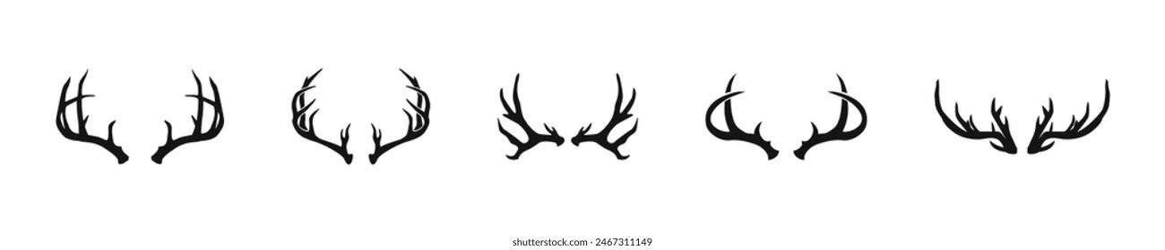 Deer horns vector icon set. Reindeer antlers flat silhouette.