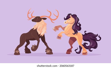 Deer and horse, wild hoofed animals. Vector cartoon set of majestic stag with antlers and mustang with beautiful mane and tail.Stallion rearing up and big reindeer isolated on purple background