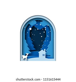 Deer and house on night of winter forest landscape for merry christmas and happy new year paper art style.Vector illustration.